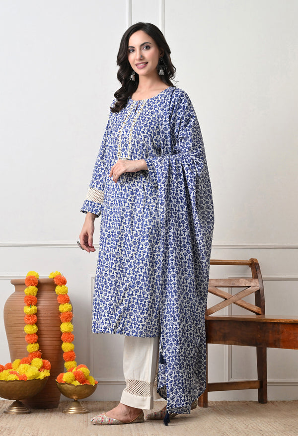 BLue Floral Printed Regular Pure Cotton Kurta with Palazzos & With Dupatta