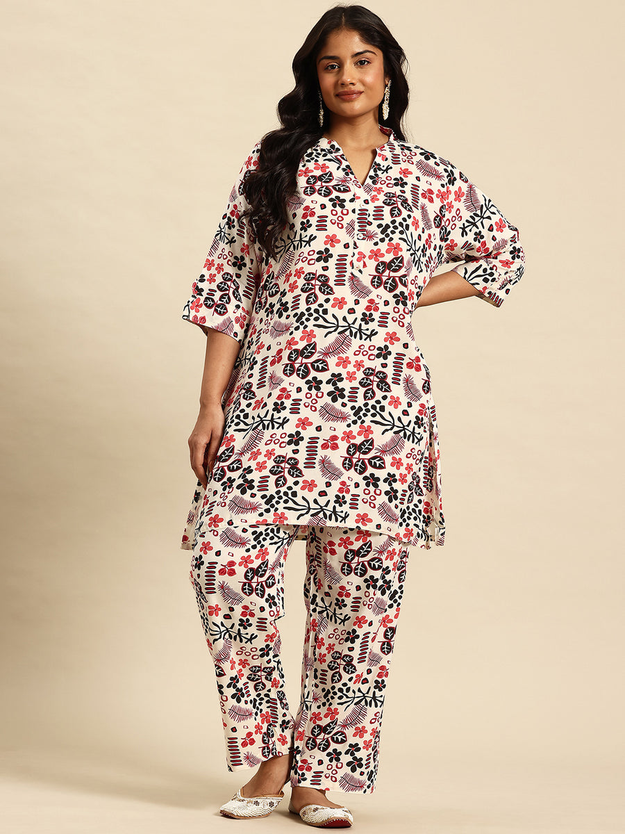 Red Aop Coord With 3/4 Sleeve  For Women
