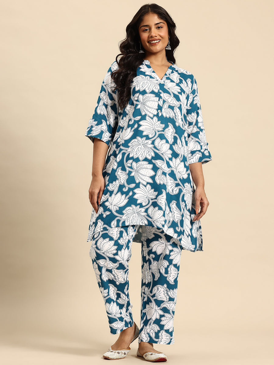 Blue Lotus Coord With 3/4 Sleeve  For Women