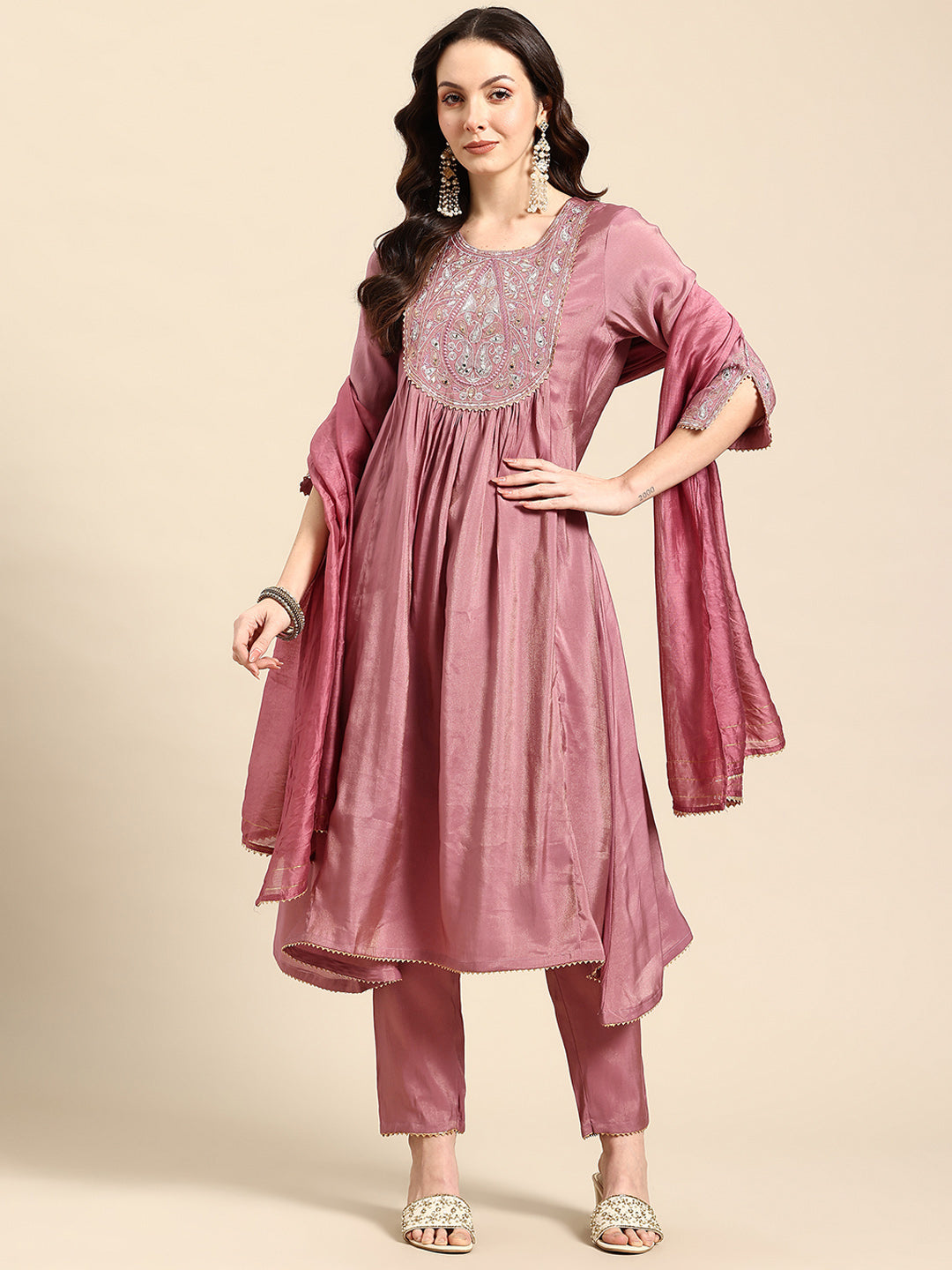 Onion Mirror Thread Work Anarkali Kurta with Trousers & Dupatta