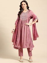 Onion Mirror Thread Work Anarkali Kurta with Trousers & Dupatta