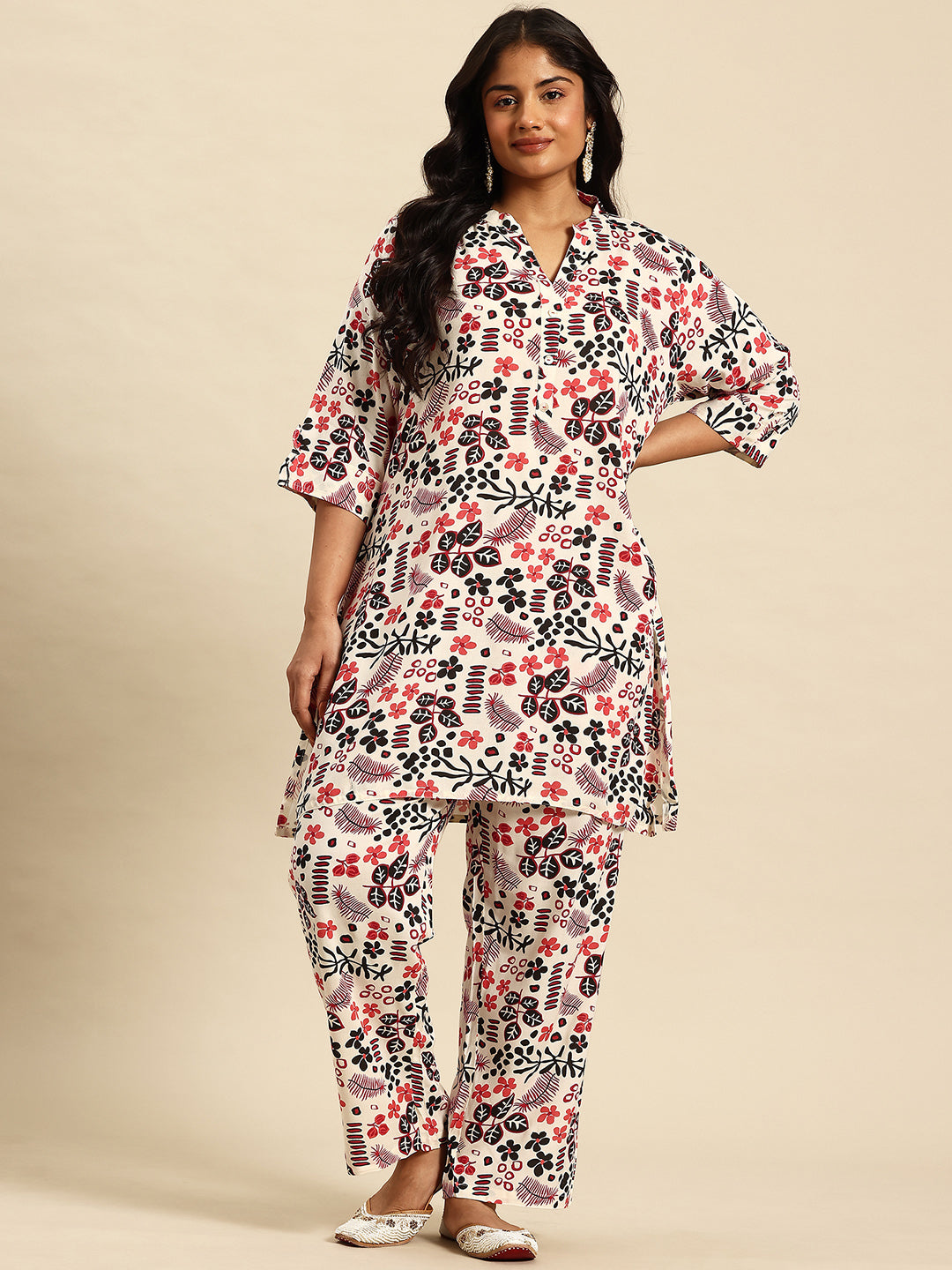 Red Aop Coord With 3/4 Sleeve  For Women
