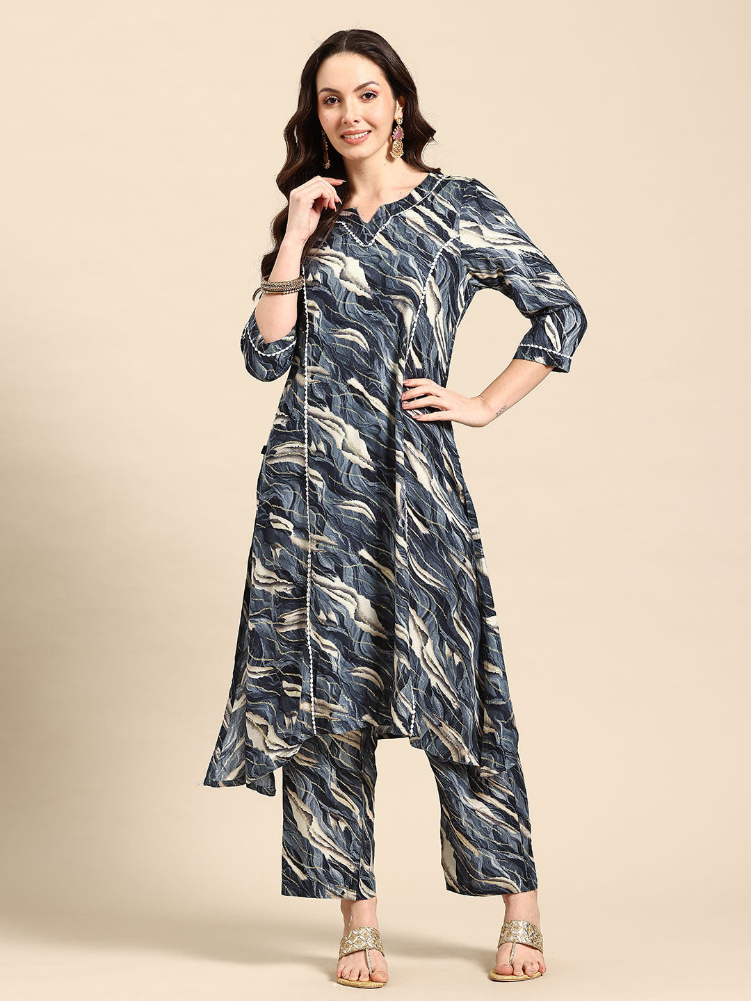 Blue Printed Panelled Lace Inserts Kurta with Trousers
