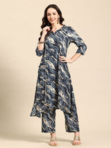 Blue Printed Panelled Lace Inserts Kurta with Trousers