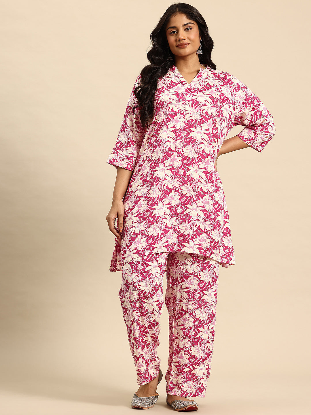 Pink Mesh Coord With 3/4 Sleeve For Women