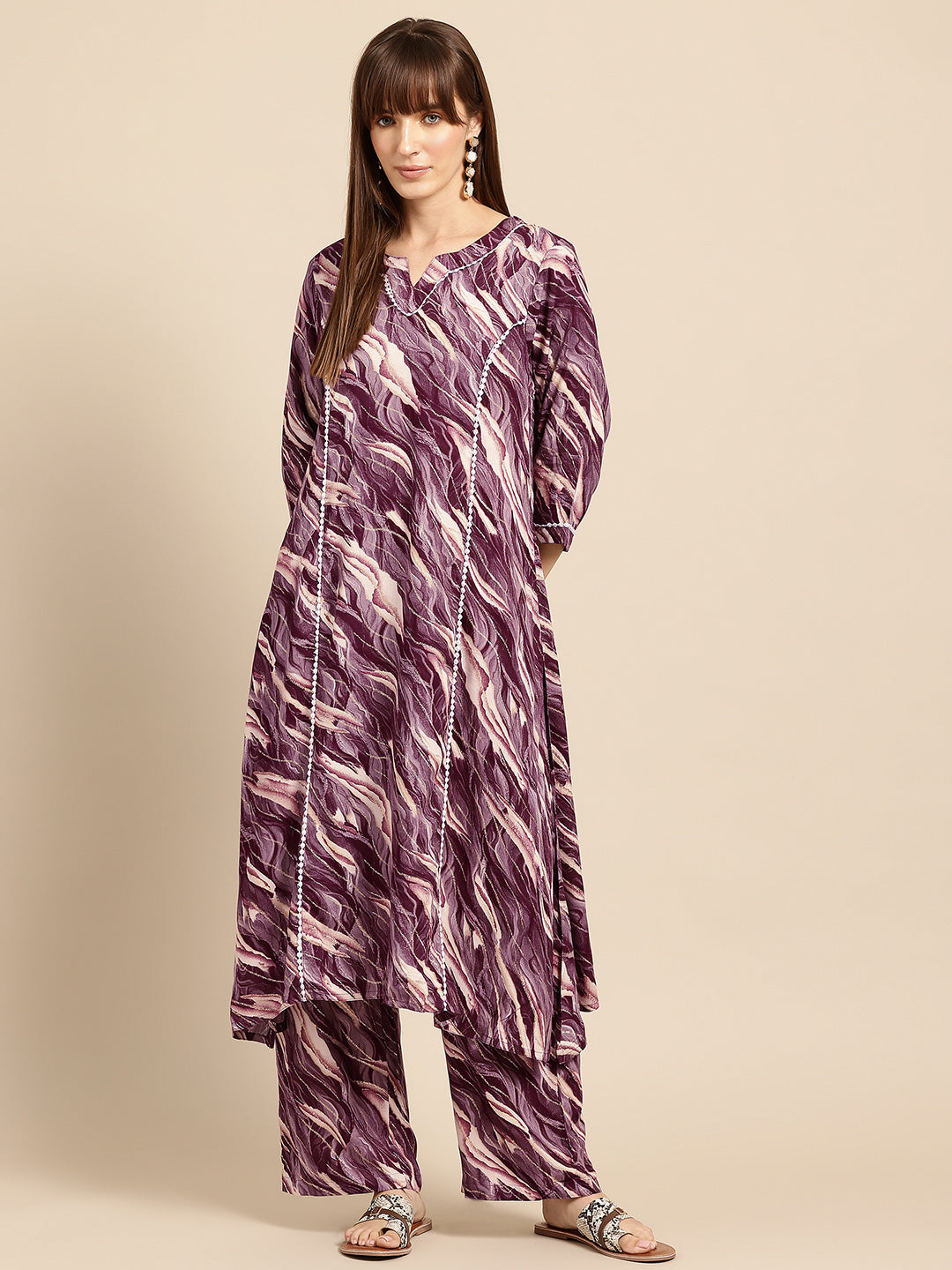 Magenta Printed Panelled Lace Inserts Kurta with Trousers