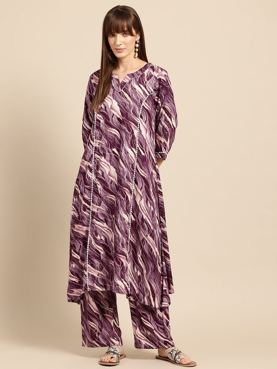 Magenta Printed Panelled Lace Inserts Kurta with Trousers