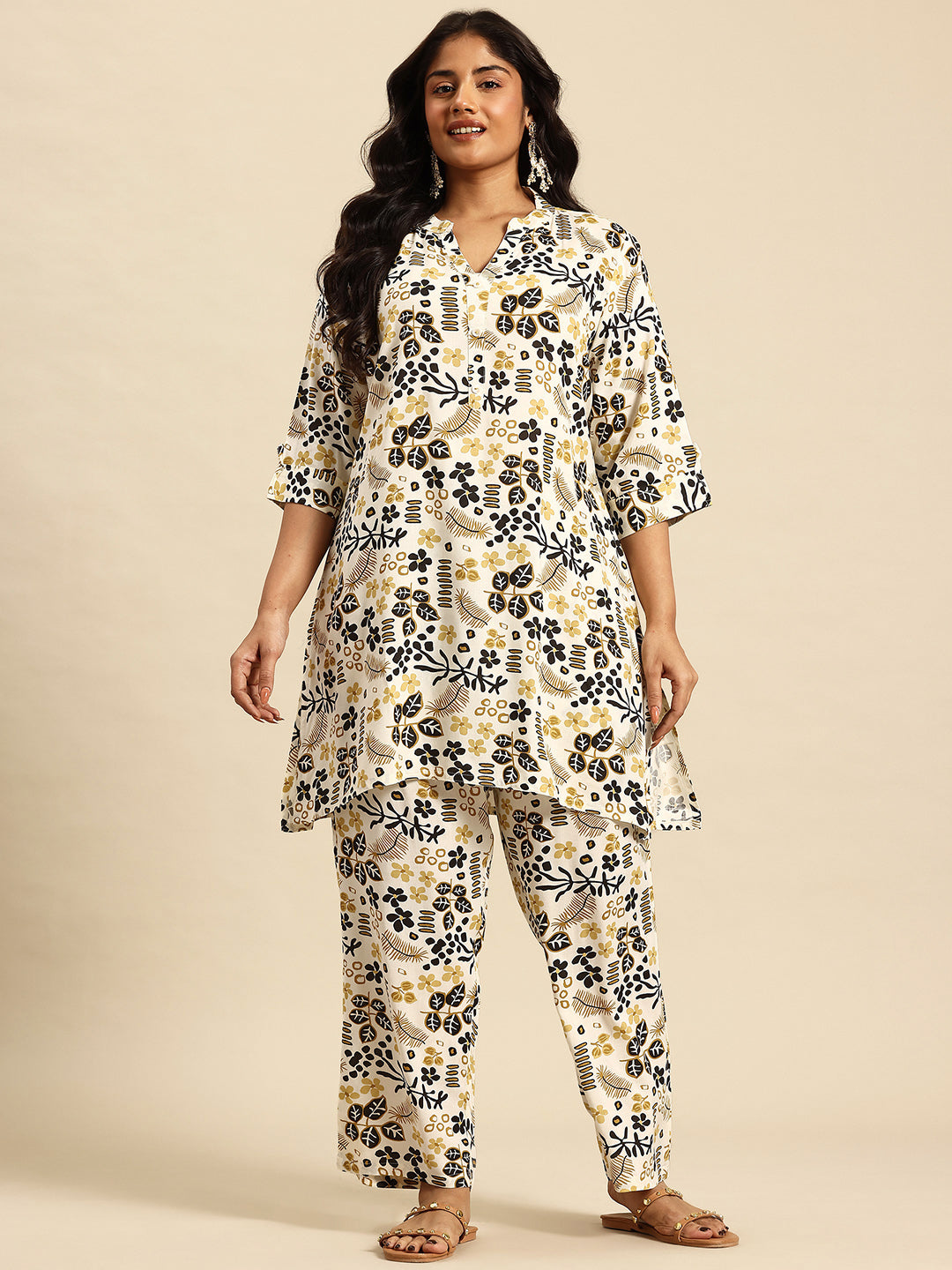 Black Aop Coord With 3/4 Sleeve  For Women