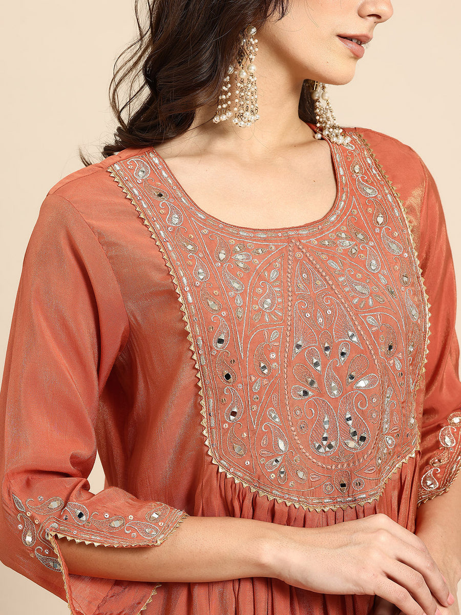 Orange Mirror Thread Work Anarkali Kurta with Trousers & Dupatta