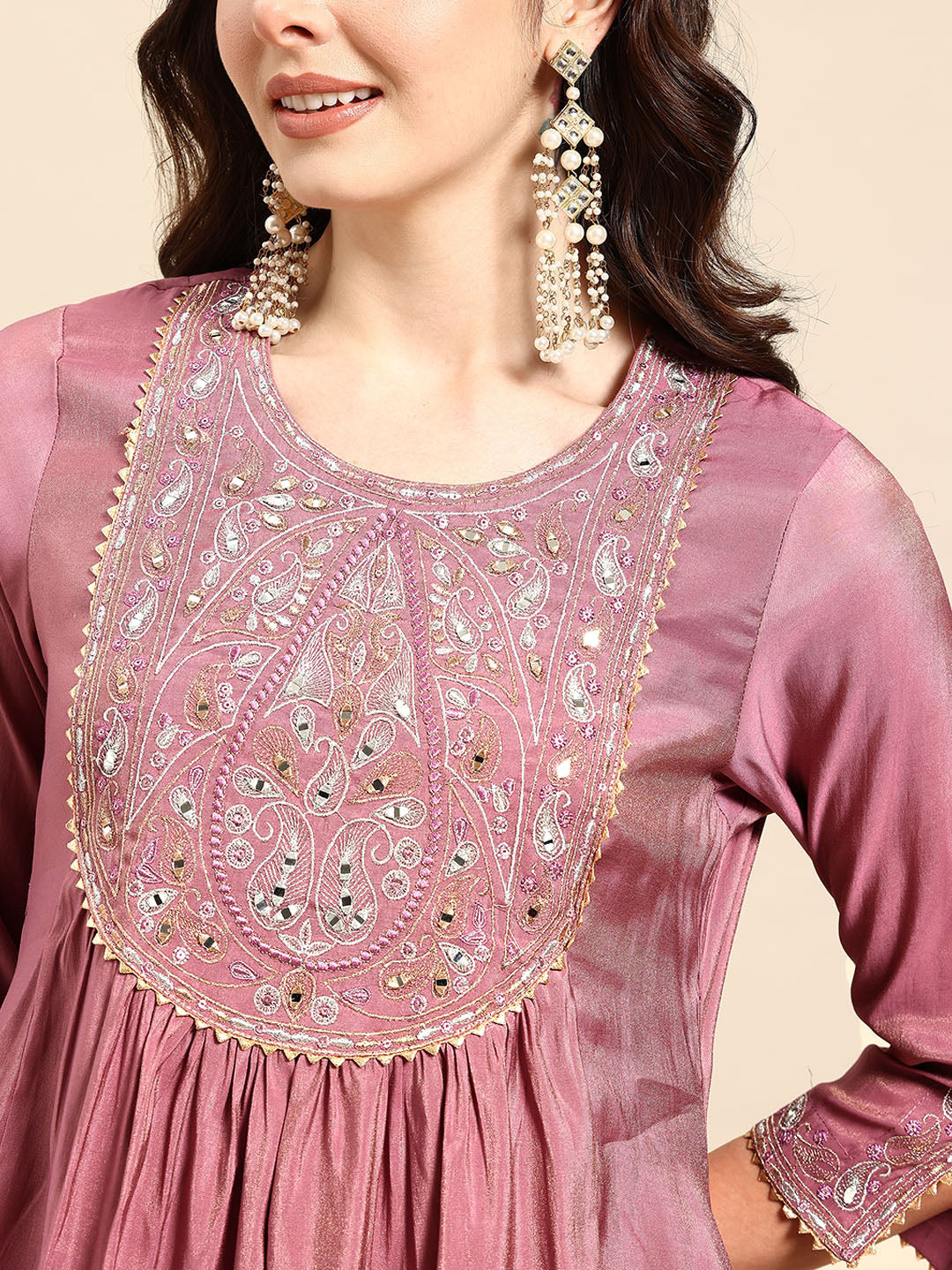 Onion Mirror Thread Work Anarkali Kurta with Trousers & Dupatta