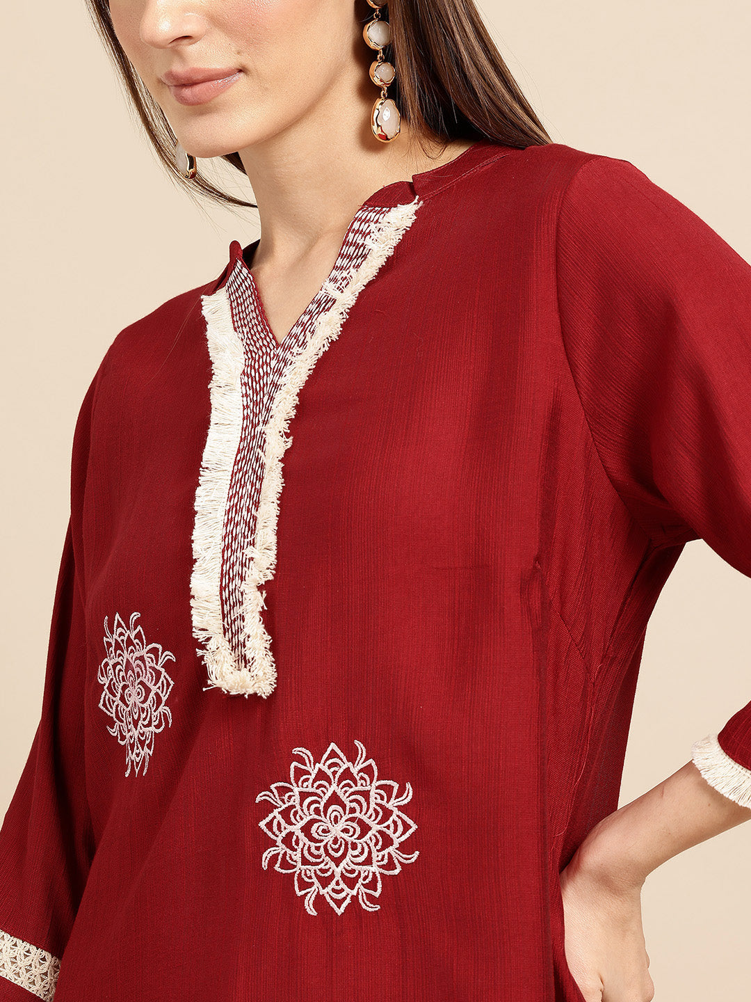 Red Floral Thread Work Kurta With Trousers Co-Ords Set