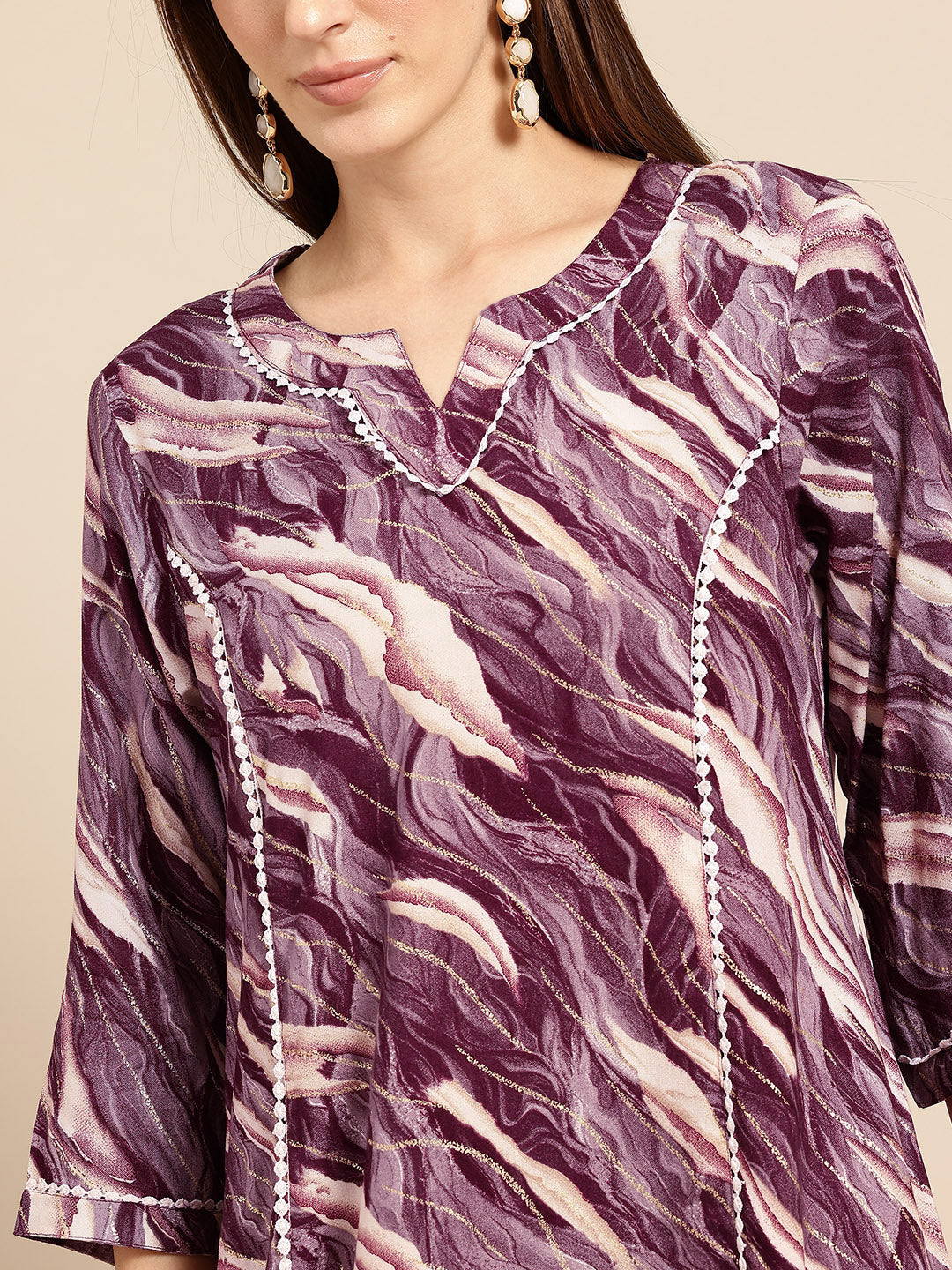 Magenta Printed Panelled Lace Inserts Kurta with Trousers