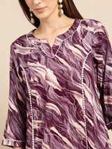 Magenta Printed Panelled Lace Inserts Kurta with Trousers