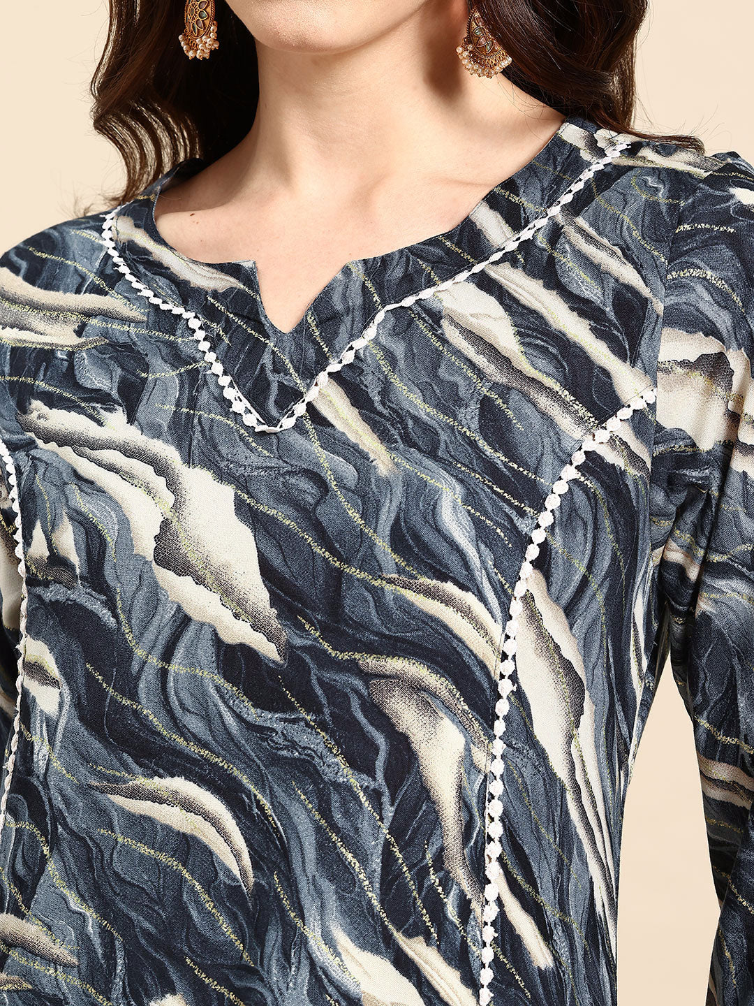 Blue Printed Panelled Lace Inserts Kurta with Trousers