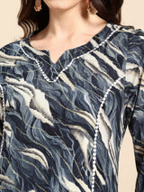 Blue Printed Panelled Lace Inserts Kurta with Trousers