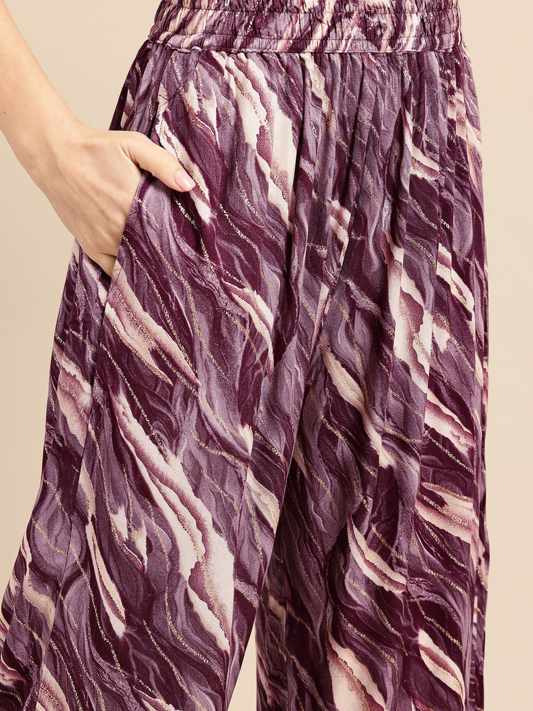Magenta Printed Panelled Lace Inserts Kurta with Trousers