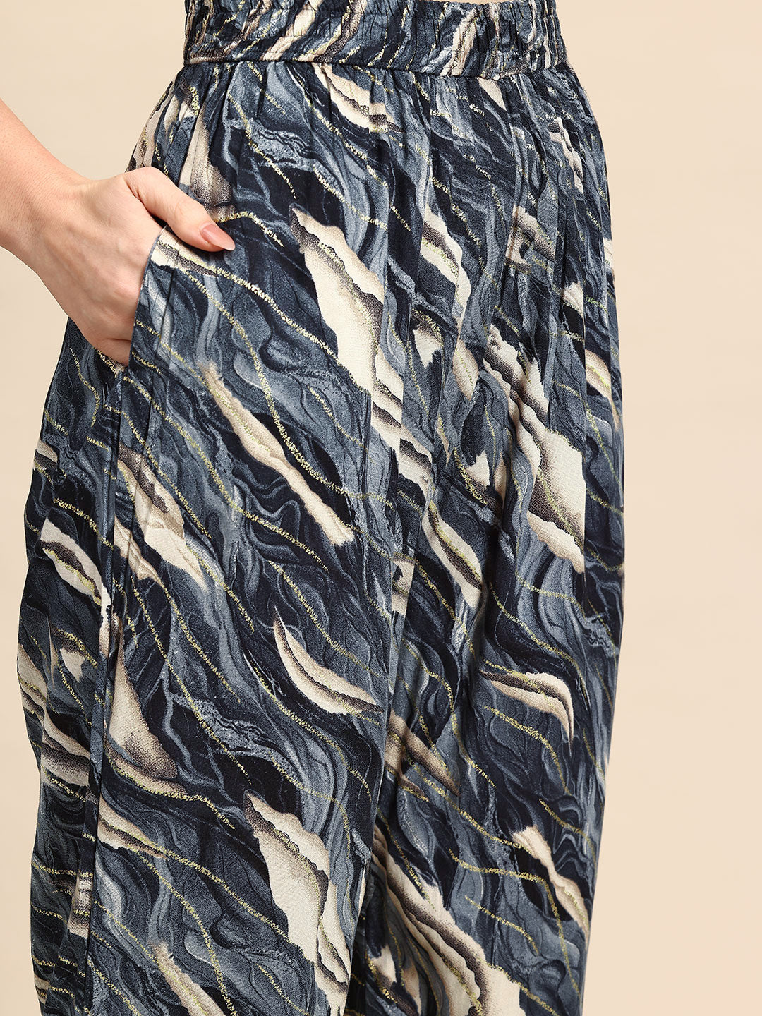 Blue Printed Panelled Lace Inserts Kurta with Trousers
