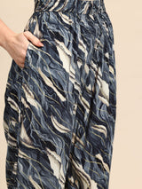 Blue Printed Panelled Lace Inserts Kurta with Trousers