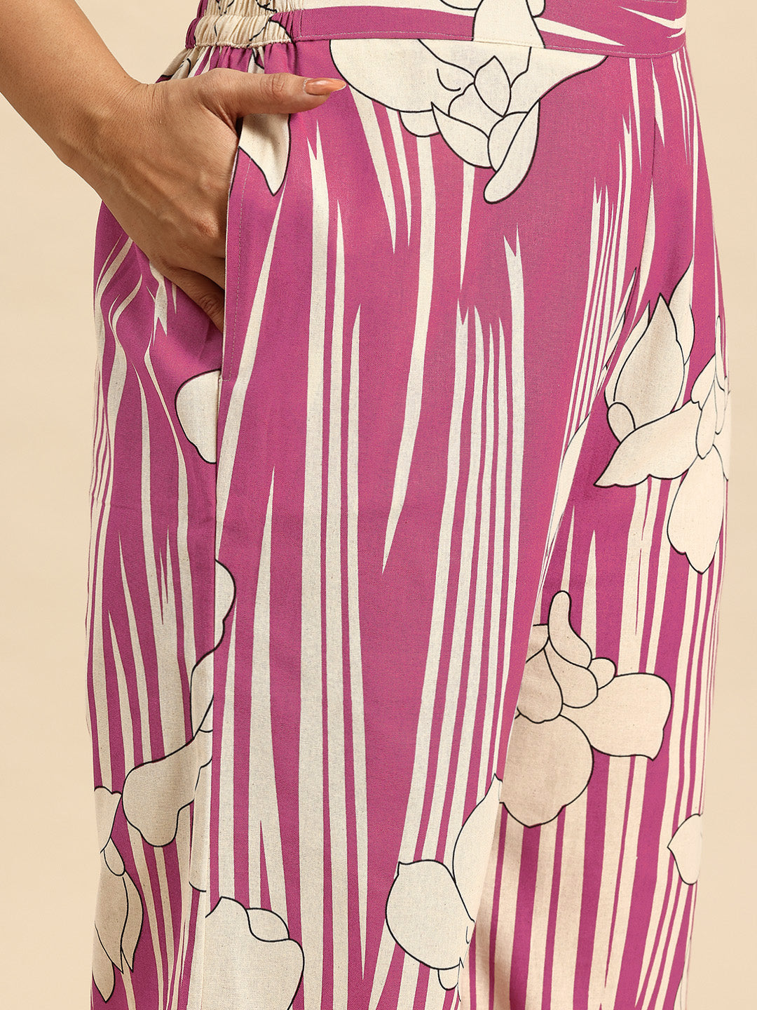 Pink Leaf Embroidered Regular Beads & Stones Kurta With Palazzos Co-Ords Set