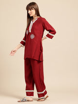 Red Floral Thread Work Kurta With Trousers Co-Ords Set