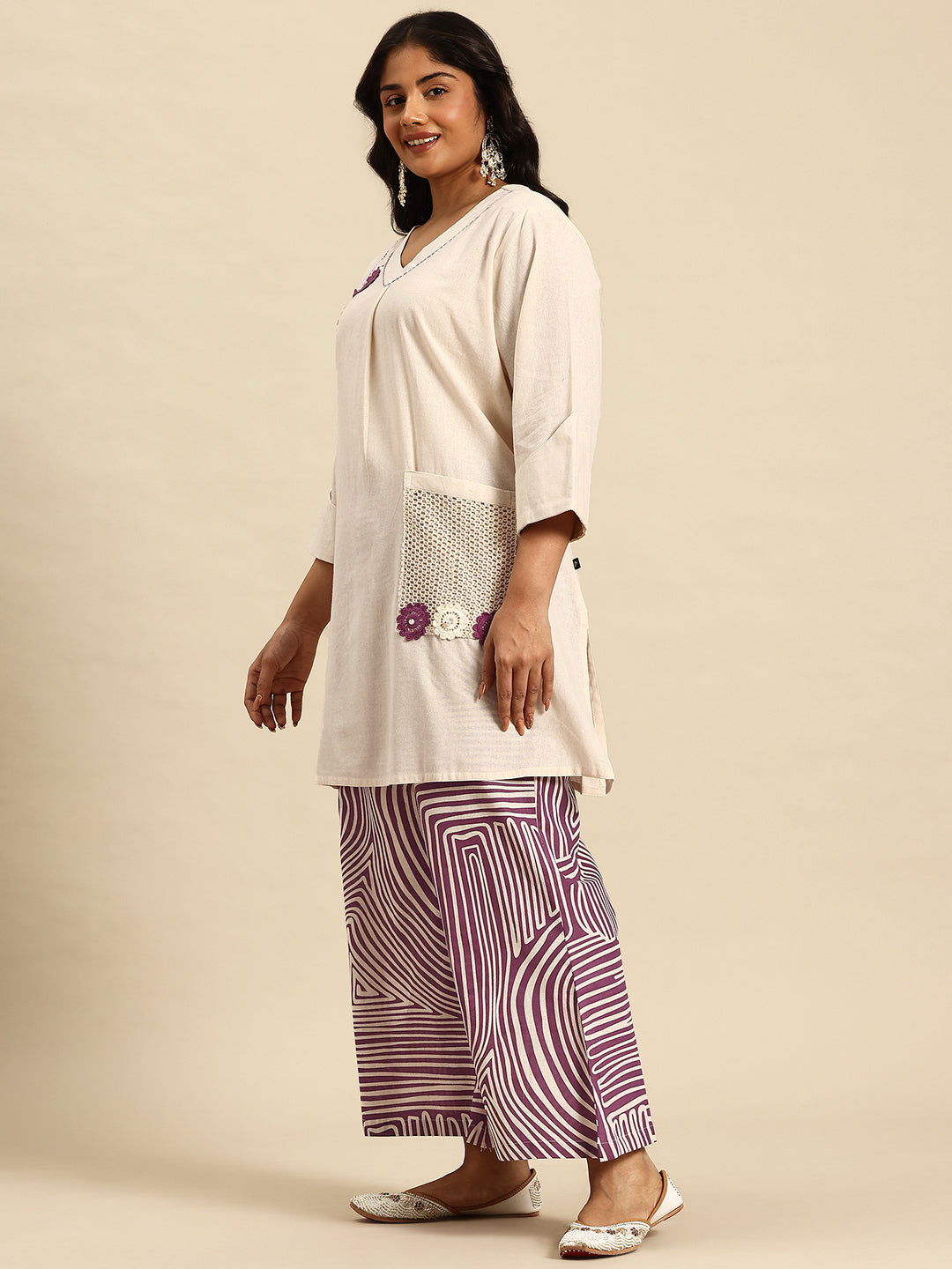 Lav Stripes Embroidered Regular Beads & Stones Kurta With Palazzos Co-Ords Set