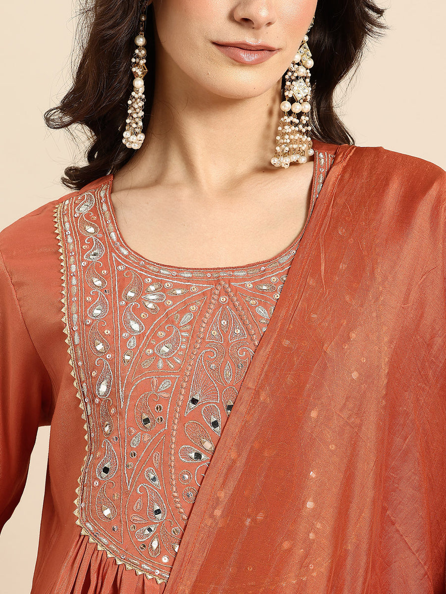 Orange Mirror Thread Work Anarkali Kurta with Trousers & Dupatta
