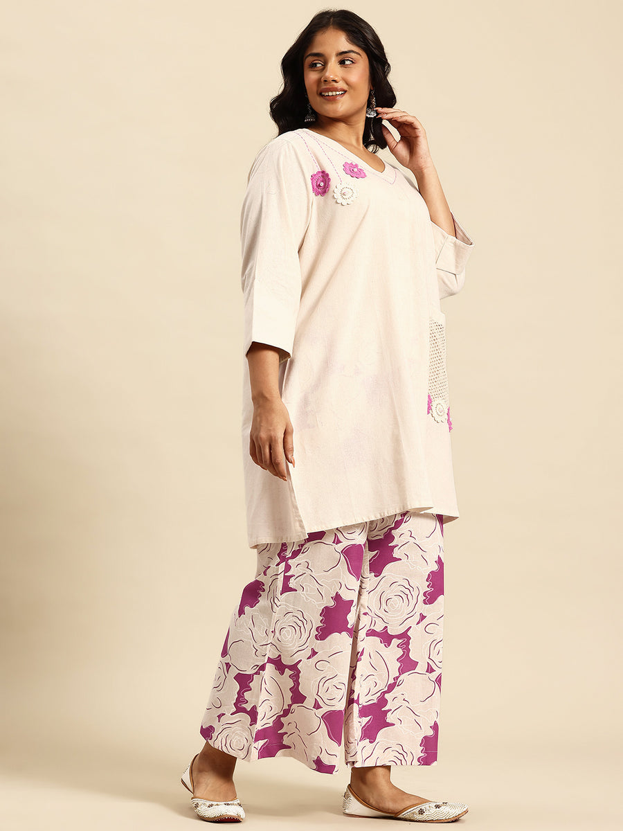Pink Embroidered Regular Beads & Stones Kurta With Palazzos Co-Ords Set