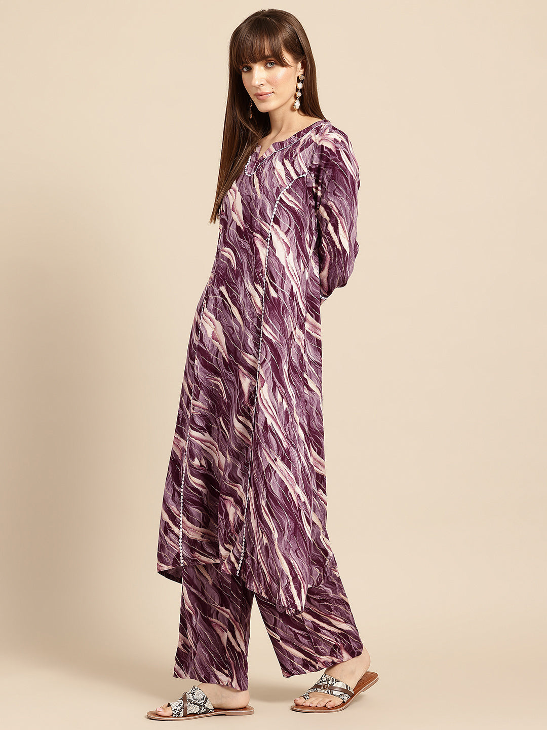 Magenta Printed Panelled Lace Inserts Kurta with Trousers