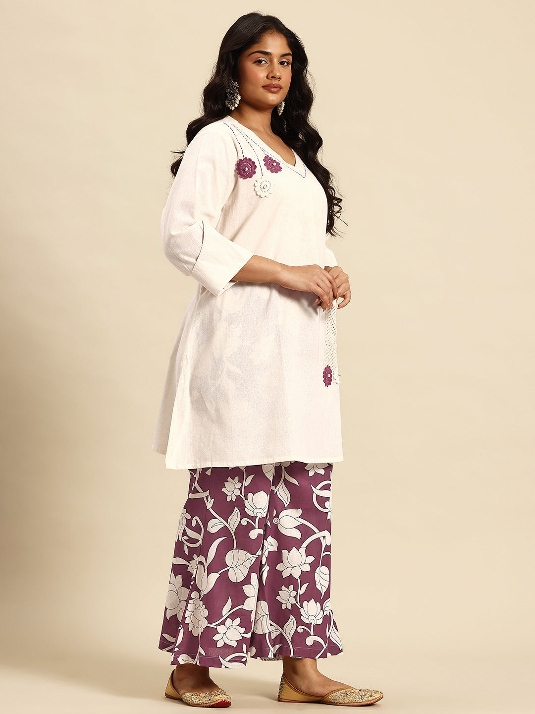 Brown Embroidered Regular Beads & Stones Kurta With Palazzos Co-Ords Set