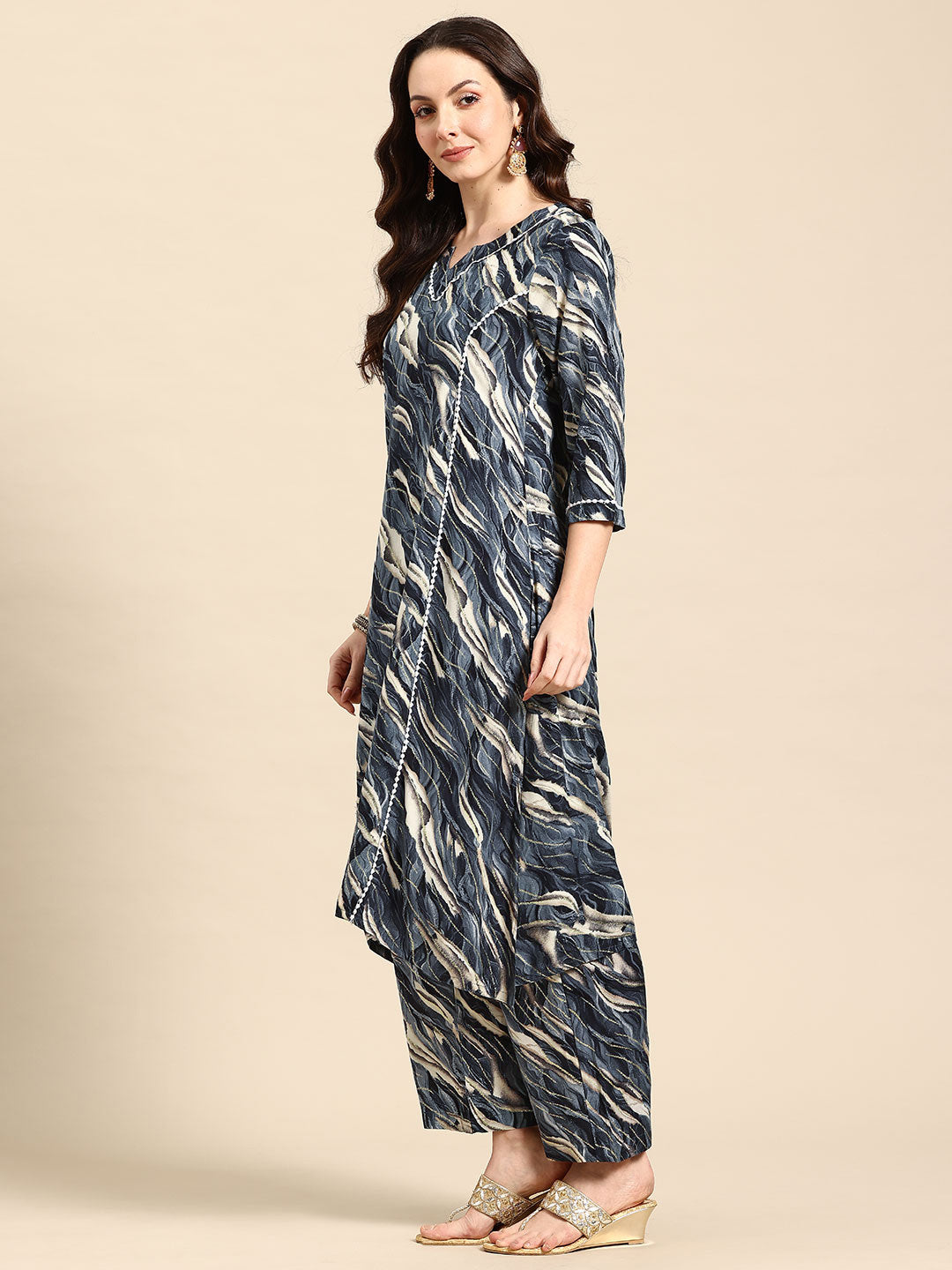 Blue Printed Panelled Lace Inserts Kurta with Trousers
