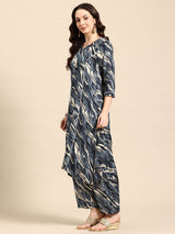 Blue Printed Panelled Lace Inserts Kurta with Trousers