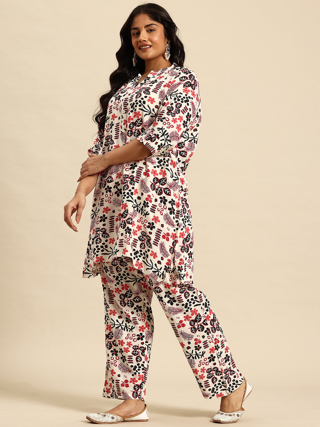 Red Aop Coord With 3/4 Sleeve  For Women