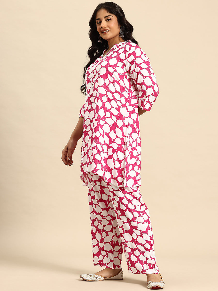 Pink Leaf Coord With 3/4 Sleeve  For Women