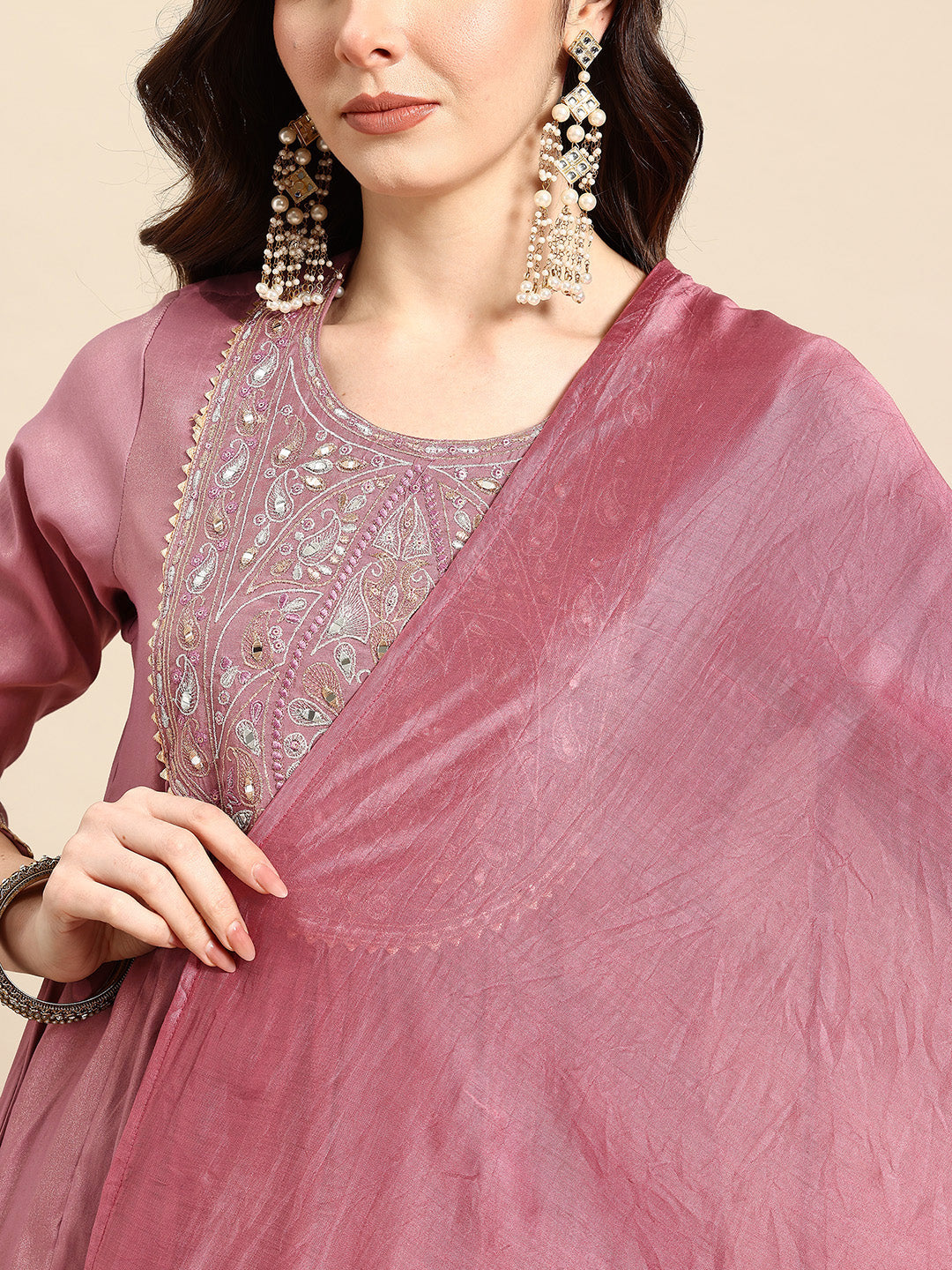 Onion Mirror Thread Work Anarkali Kurta with Trousers & Dupatta