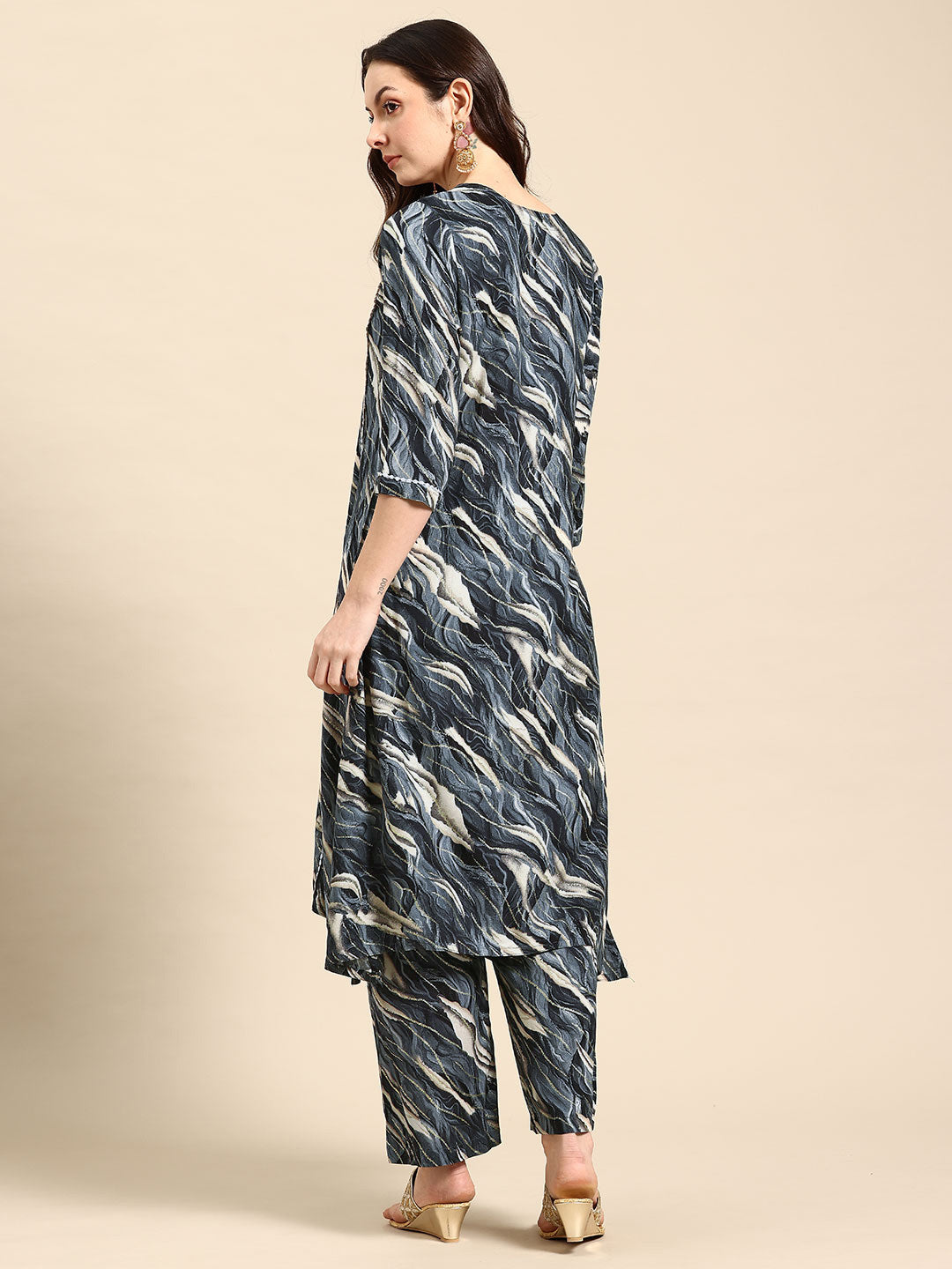 Blue Printed Panelled Lace Inserts Kurta with Trousers