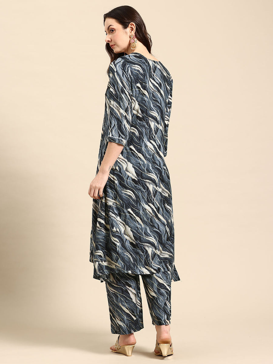 Blue Printed Panelled Lace Inserts Kurta with Trousers
