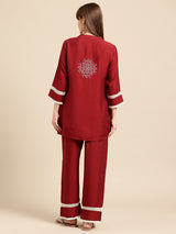 Red Floral Thread Work Kurta With Trousers Co-Ords Set