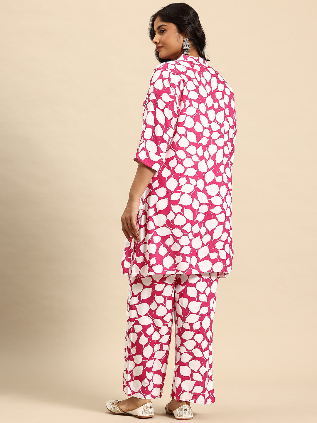 Pink Leaf Coord With 3/4 Sleeve  For Women