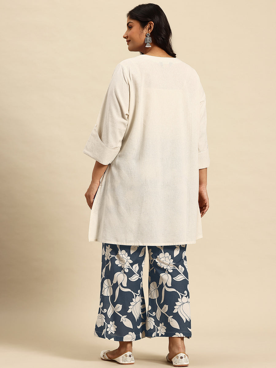 Grey Embroidered Regular Beads & Stones Kurta With Palazzos Co-Ords Set