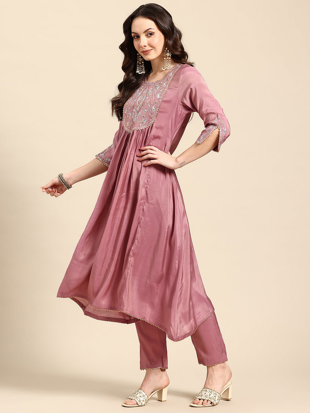 Onion Mirror Thread Work Anarkali Kurta with Trousers & Dupatta