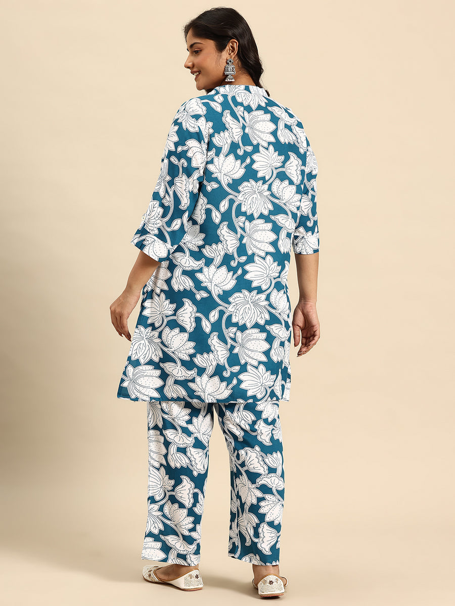 Blue Lotus Coord With 3/4 Sleeve  For Women