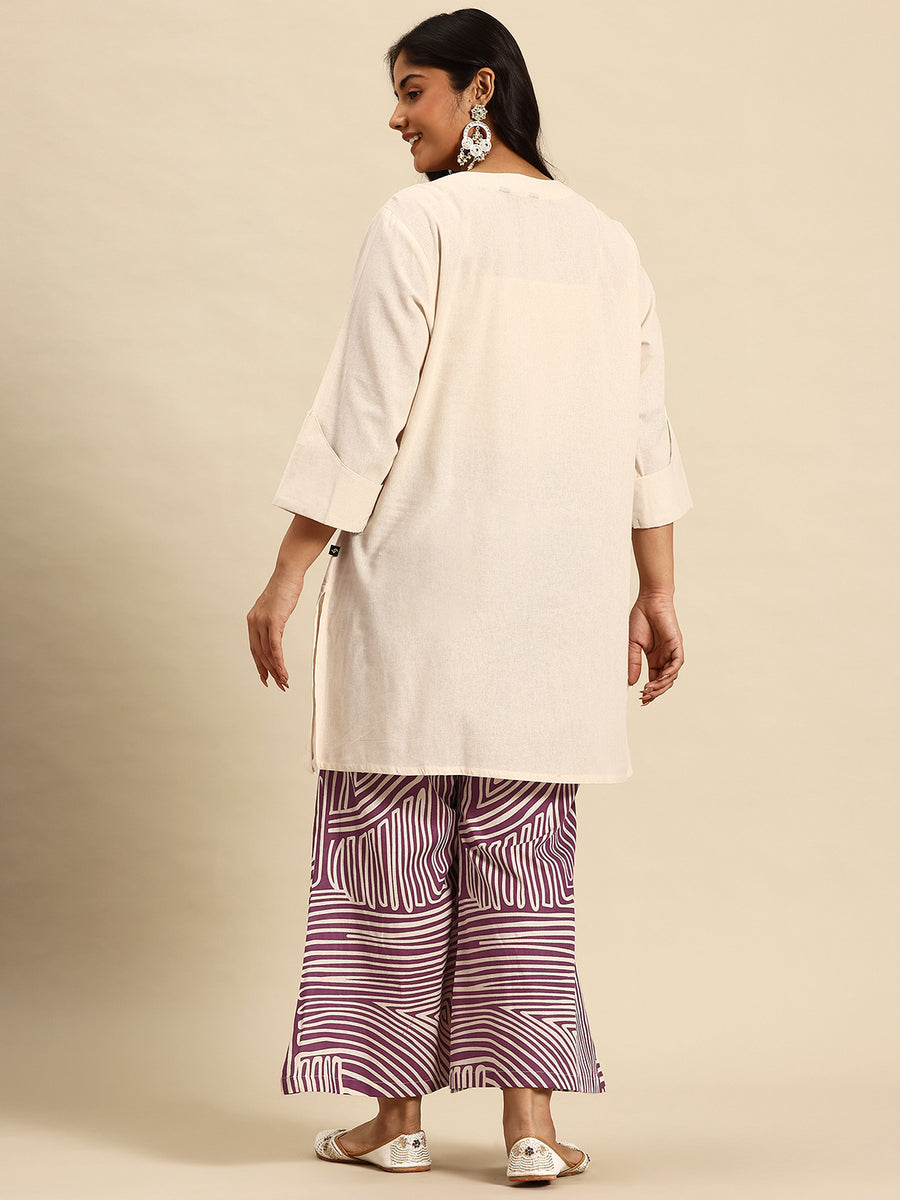 Lav Stripes Embroidered Regular Beads & Stones Kurta With Palazzos Co-Ords Set