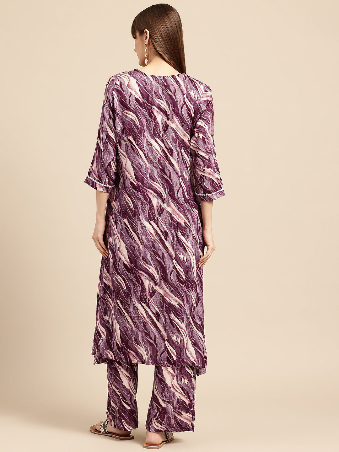 Magenta Printed Panelled Lace Inserts Kurta with Trousers