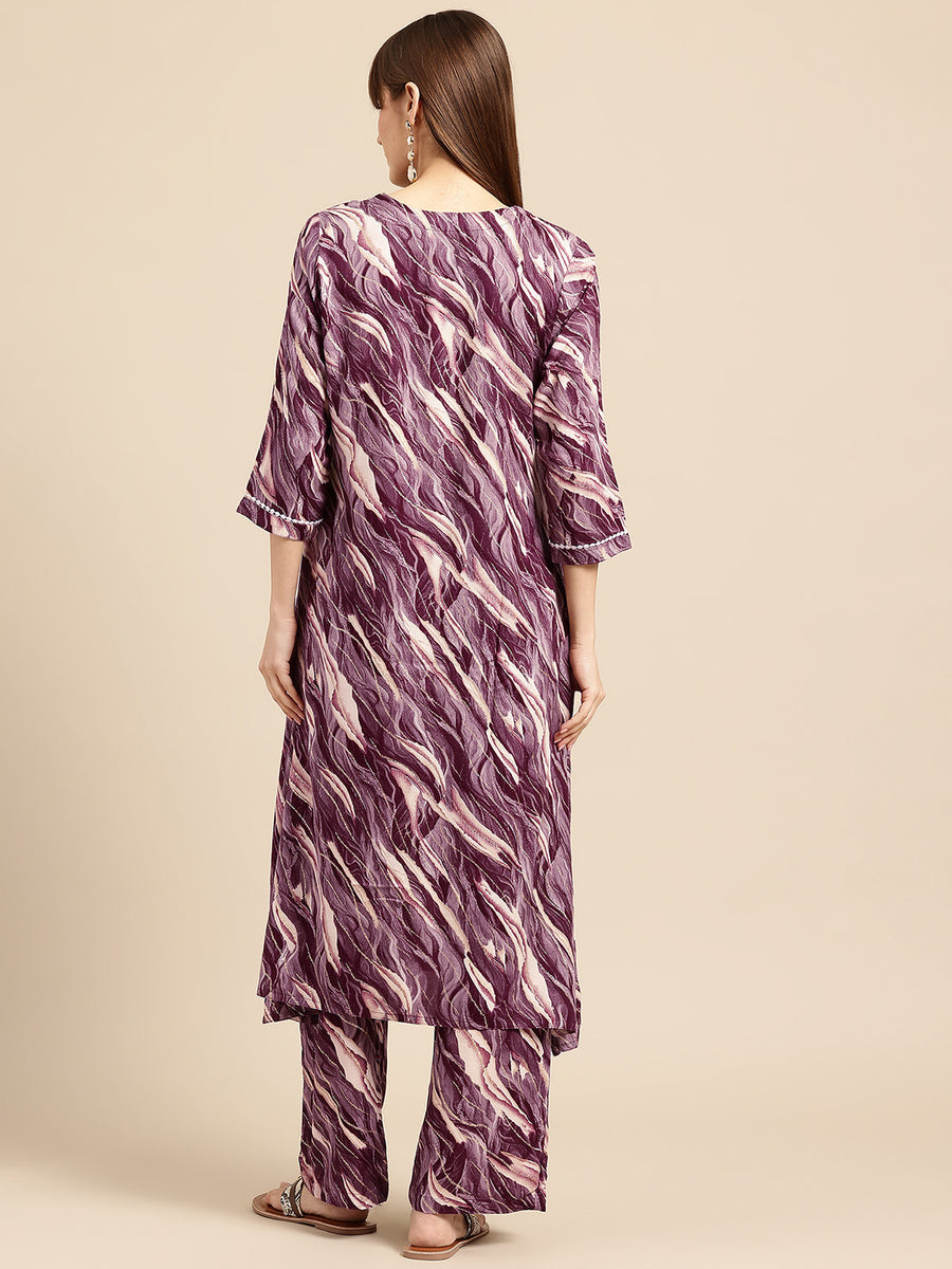 Magenta Printed Panelled Lace Inserts Kurta with Trousers