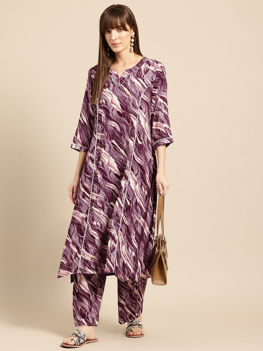 Magenta Printed Panelled Lace Inserts Kurta with Trousers