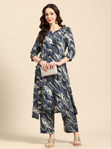 Blue Printed Panelled Lace Inserts Kurta with Trousers