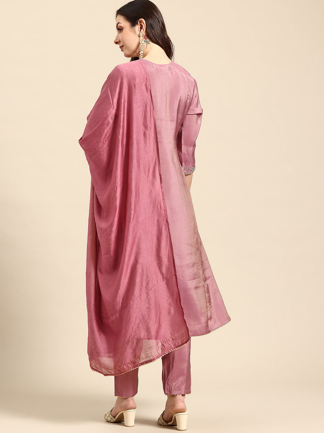 Onion Mirror Thread Work Anarkali Kurta with Trousers & Dupatta