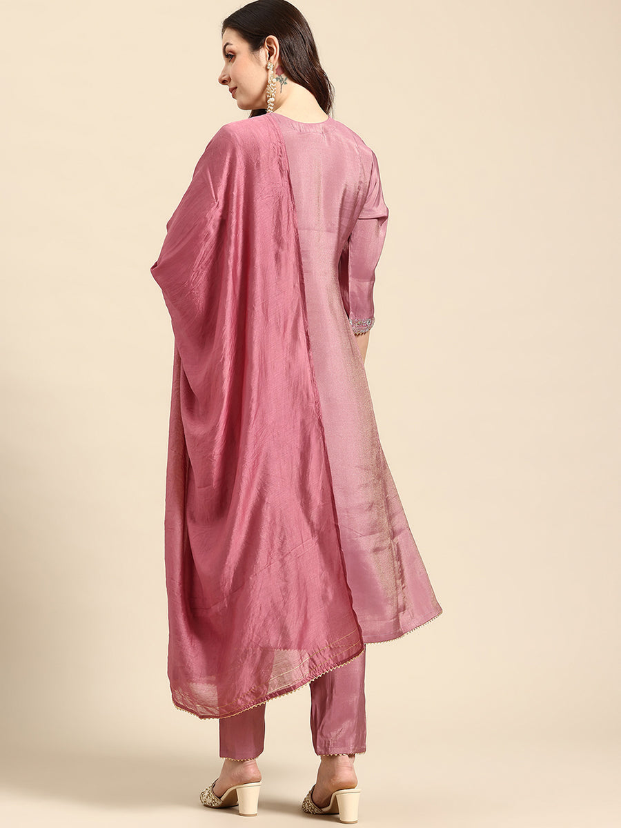 Onion Mirror Thread Work Anarkali Kurta with Trousers & Dupatta