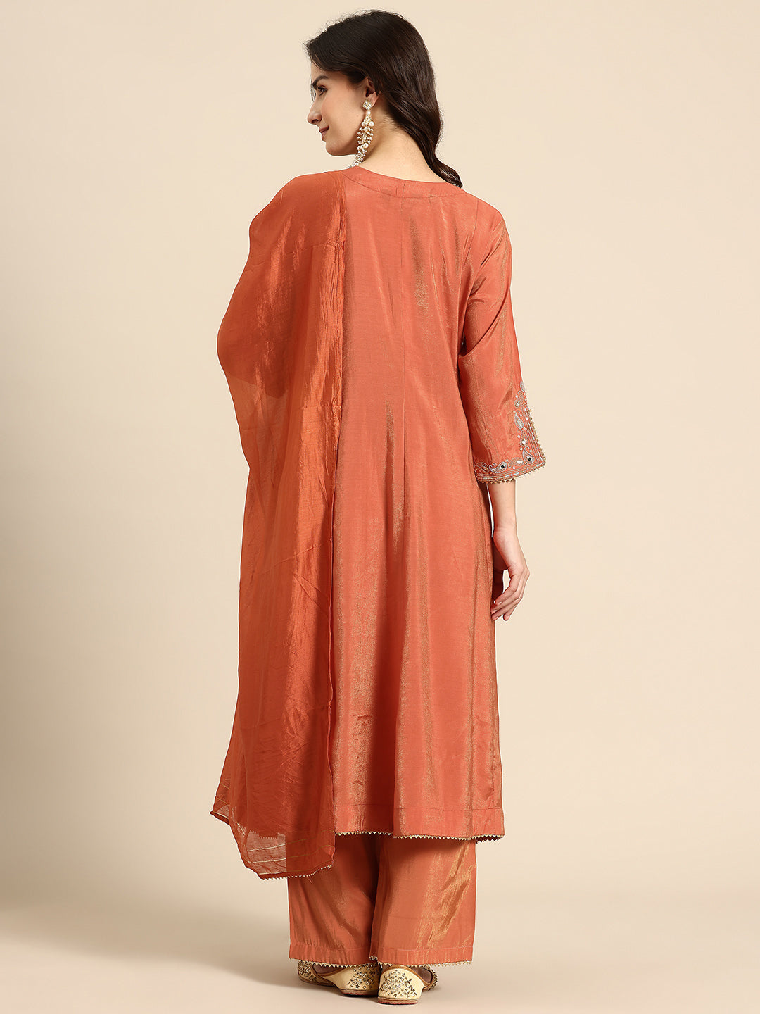 Orange Mirror Thread Work Anarkali Kurta with Trousers & Dupatta