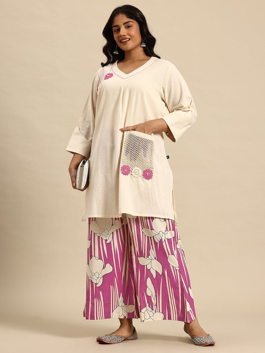 Pink Leaf Embroidered Regular Beads & Stones Kurta With Palazzos Co-Ords Set